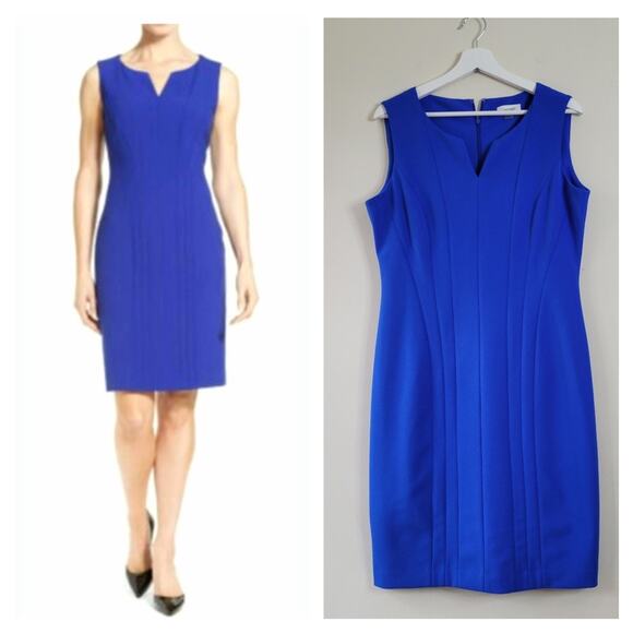 Calvin Klein Seamed Notch Neck Sheath Dress in Royal Blue 12 - Picture 1 of 6